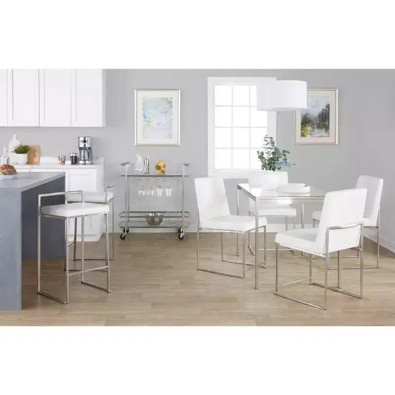 LumiSource Set of 3 Fuji Stacker Counter Height Barstools Stainless Steel/White PU