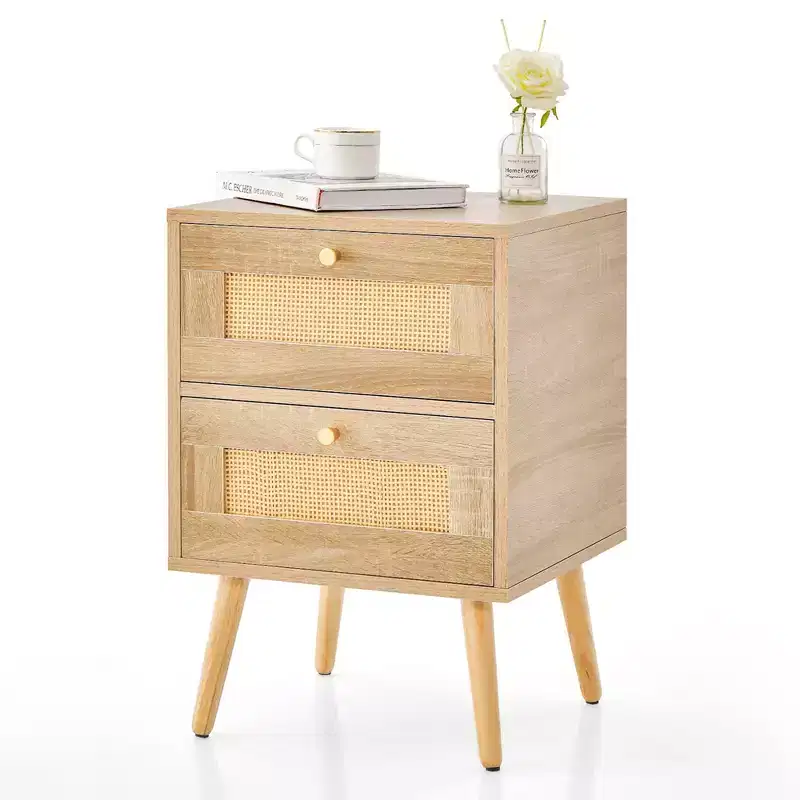 1/2 PCS Rattan Nightstand Boho Accent Bedside Table with 2 Storage Drawers Natural