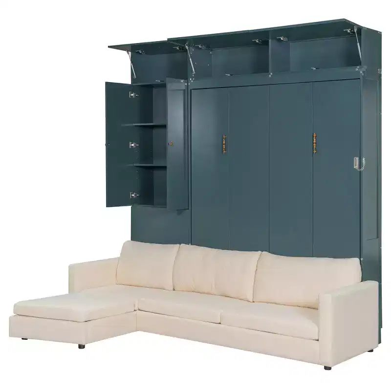 Queen Murphy Wall Bed with Beige Sofa and Shelves, Green Panel