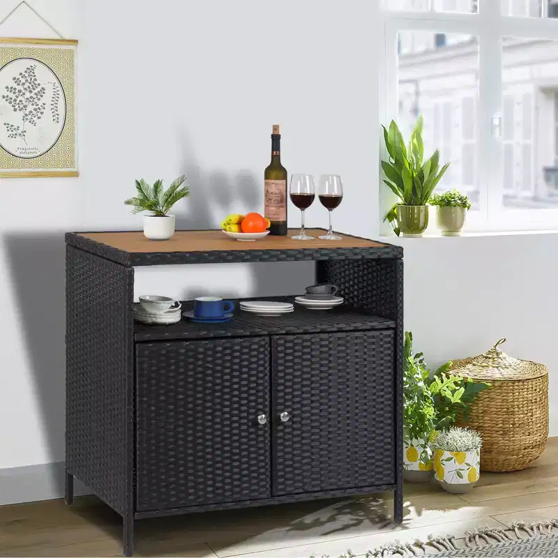 Outdoor Patio Bar Table w/2-Door and Shelf Patio Wicker Storage Cabinet, Powder Coated Steel, All Weather Resin Wicker, Patio Pool Garden, Kitchen