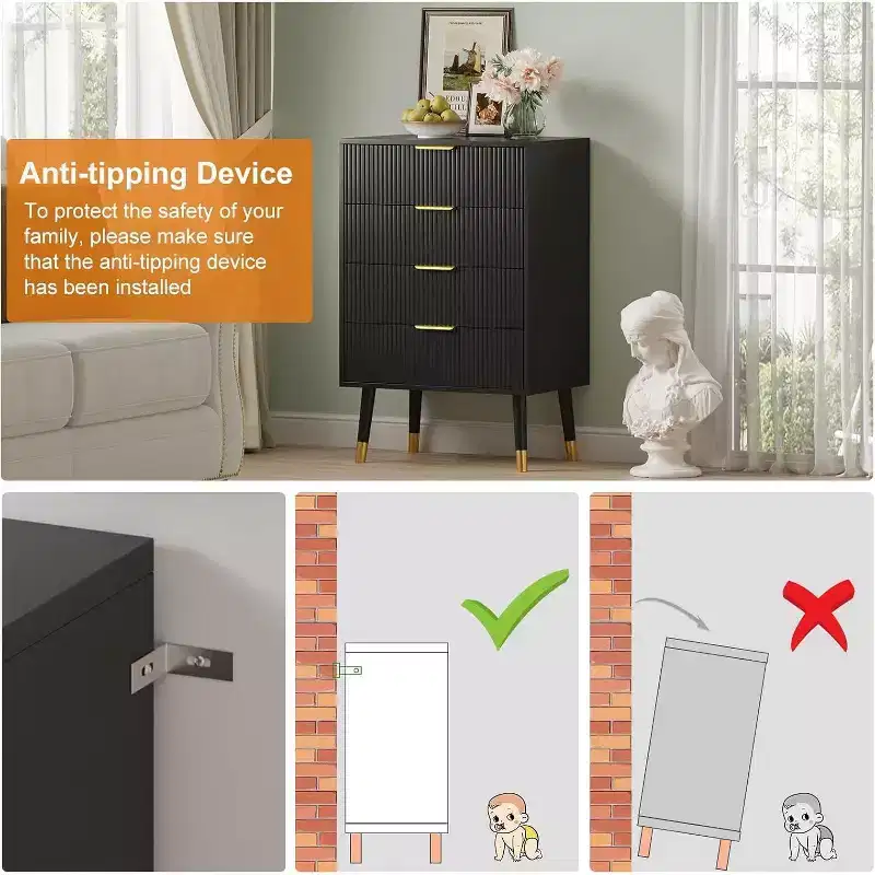 4-Drawer Fluted Dresser with Gold Handles & Metal Legs, Modern Bedroom Chest, Black/White