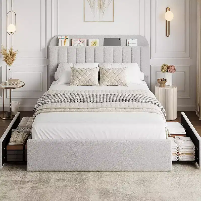 Full Size Platform Bed Frame with Storage Headboard, Bookcase & 2 Drawers, Boucle Upholstered, No Box Spring Needed, Easy Assembly, Light Gray