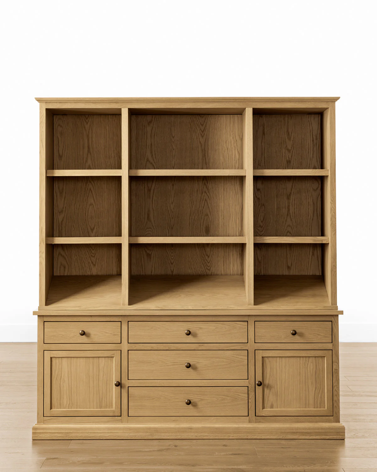 Traditional-Modern Oak Cabinet with Integrated Lighting & Angled Shelf for Living Room
