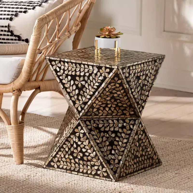 Baxton Studio Feronia Mother of Pearl End Table Black/Floral Bronze: Square MDF Frame, 18.1 Height, 13.8 Width