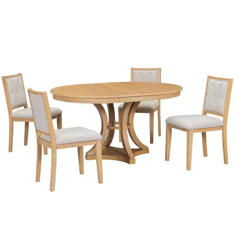 Merax Stylish 5-Piece Retro Dining Set with Extendable Round Table & 4 Upholstered Chairs