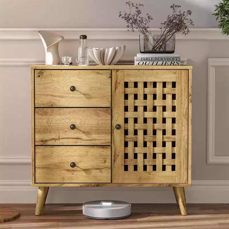 Storage Cabinet , Coffee Bar with Adjustable Shelves, Vintage Buffet Sideboard, Natural Wood