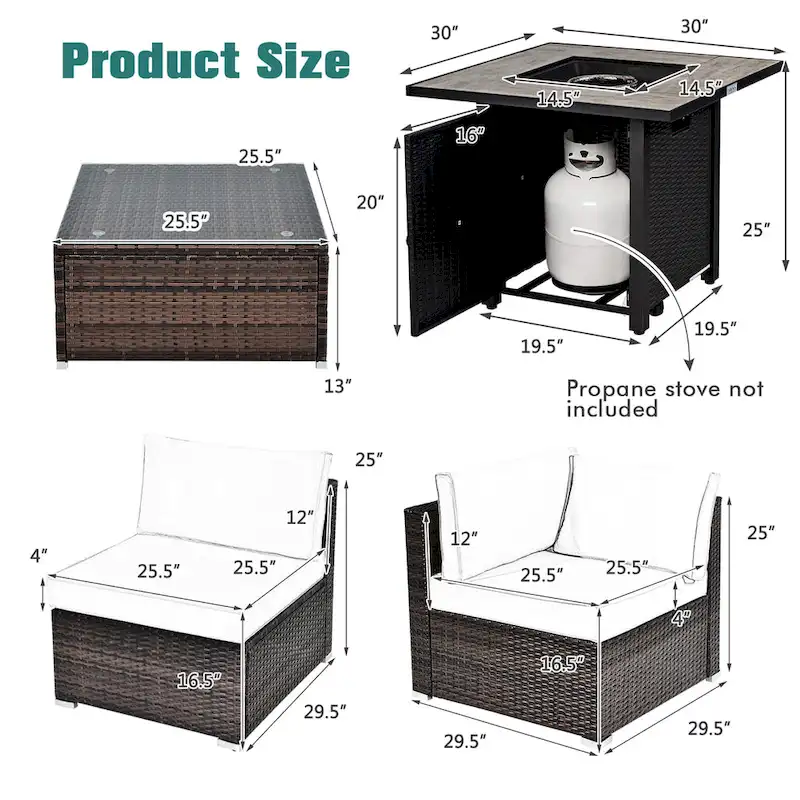Costway 7PCS Patio Rattan Furniture Set 30 Fire Pit Table Cover - See Details
