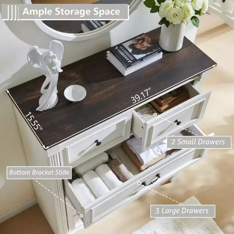 46 Farmhouse Dresser with 5 Drawers, Rustic Wood Closet Storage with Roman Column for Bedroom