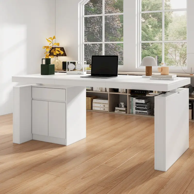 White Height-Adjustable Desk with Side Cabinet, 70.9