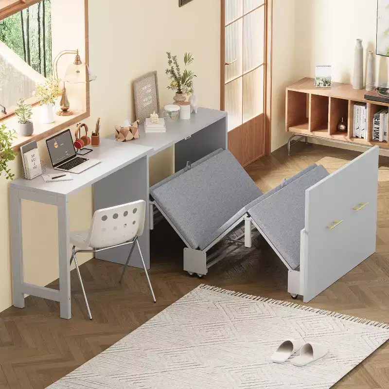 Twin Size Murphy Cabinet Bed with Adjustable Position Desk, Murphy Chest Dresser Bed with Foldable Cushion for Guest Room
