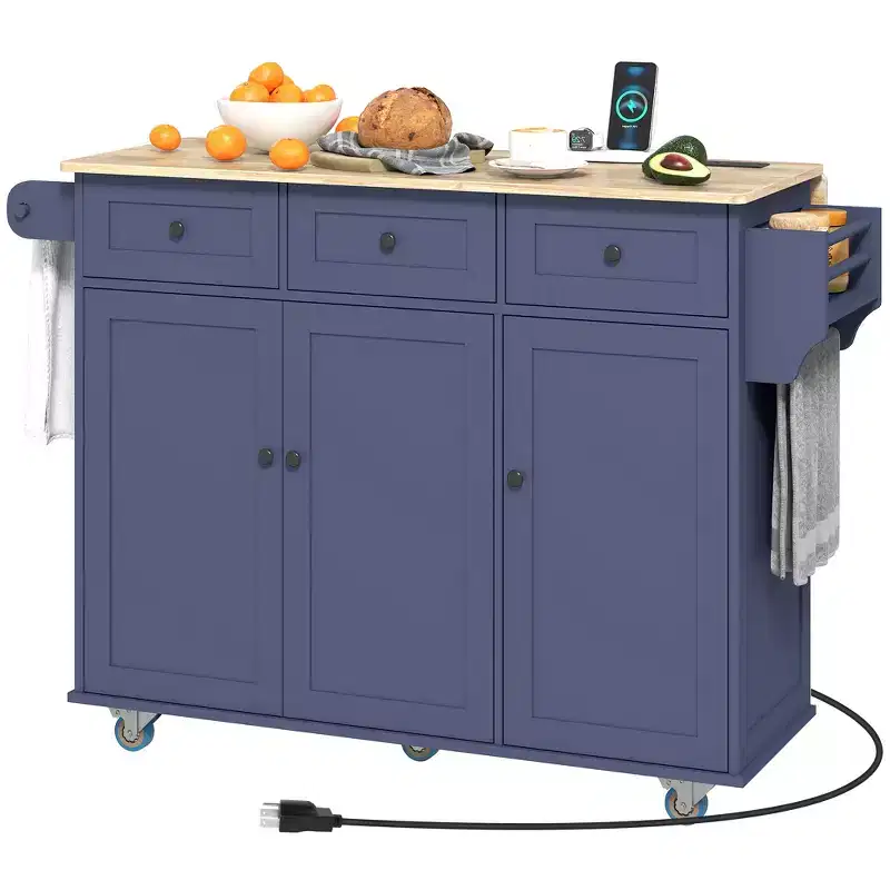 Kitchen Island on Wheels with Drop Leaf, Charging Station, Rolling Kitchen Cart with Wood Top, Adjustable Shelf