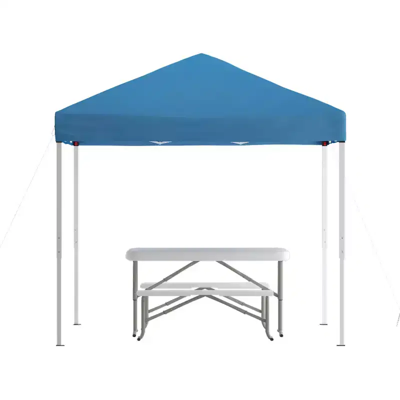 Emma and Oliver Portable Tailgate, Camping or Event Set with White Pop Up Event Canopy Tent with Carry Bag and Folding Table with Benches Set
