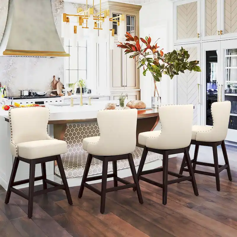 LUE BONA 26 in. Mid-Century Modern Wood Frame Swivel Bar Stools with Faux Leather and Linen Upholstered SeatSet of 4