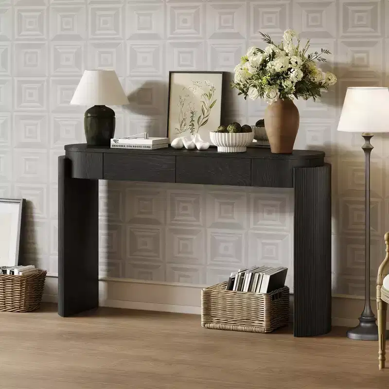Entryway Console Table with Natural Wood Grain Finish, Fluted Design, Oval Top and 2 Drawers, Storage Table for Entryway or Living Room, Black