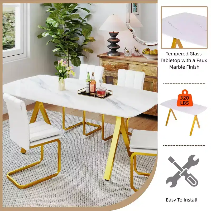 GDFStudio Daniela Modern Tempered Glass Rectangular Dining Table with Marble Design and Metal Legs