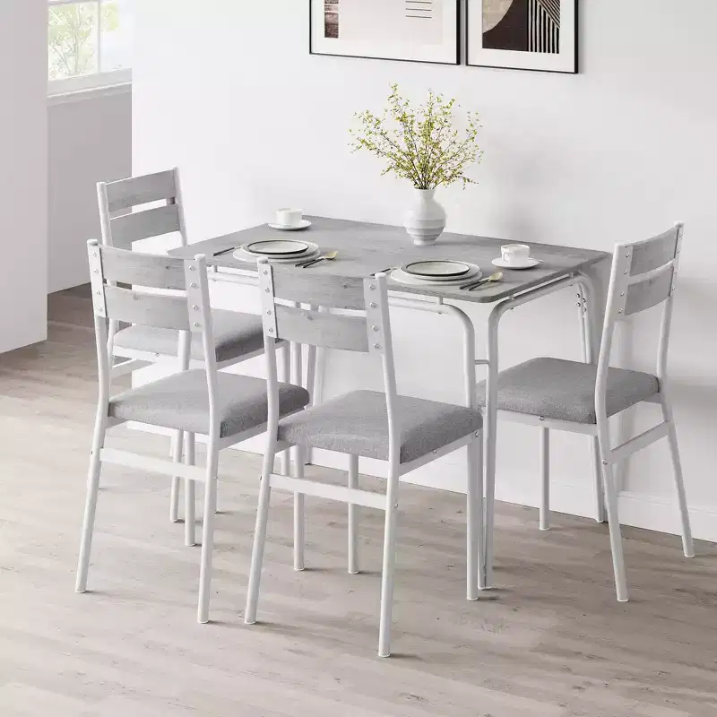 5 Piece Dining Table Set for 4, Compact Square Table Chairs, Sturdy MDF Top, Metal Frame, Space-Saving Breakfast Set