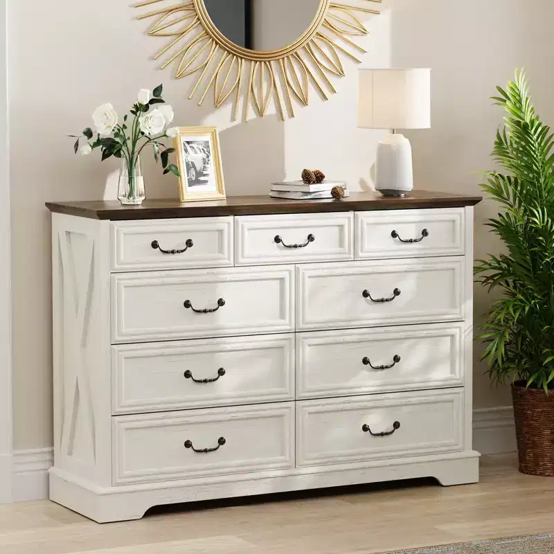 Dyonery rural-style drawer storage cabinet features drawers of different sizes for layered storage, suitable for both bedrooms and living rooms