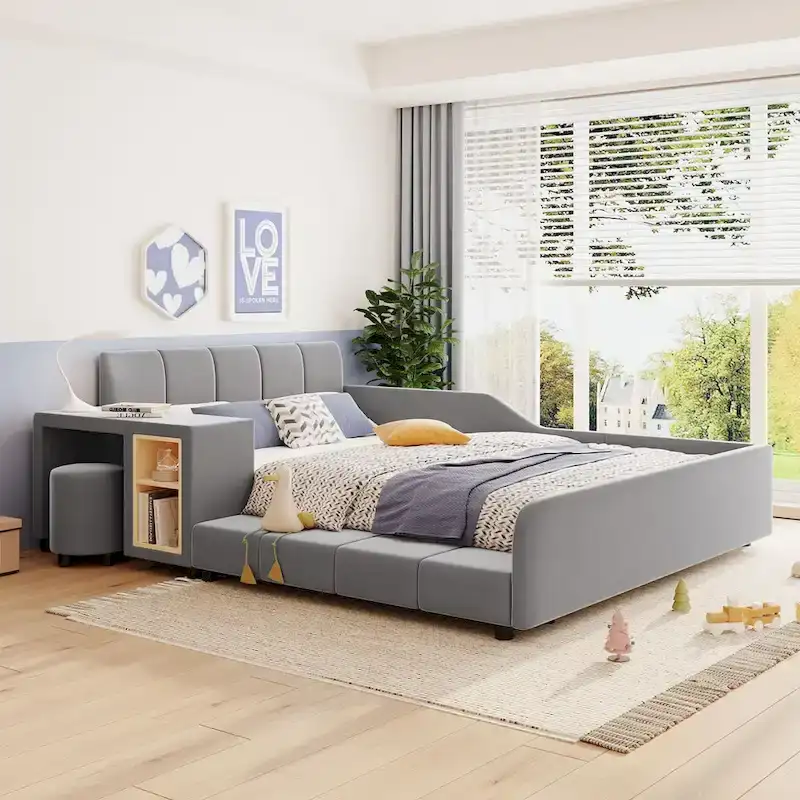 Upholstered Grounded Bed Mother & Child Bed with Bedside Desk and Little Round Stool