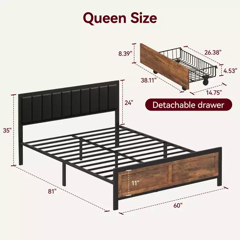 Queen Bed Frame with 4 Storage Drawers, PU Leather Upholstered Headboard, No Box Spring Needed, Noise Free