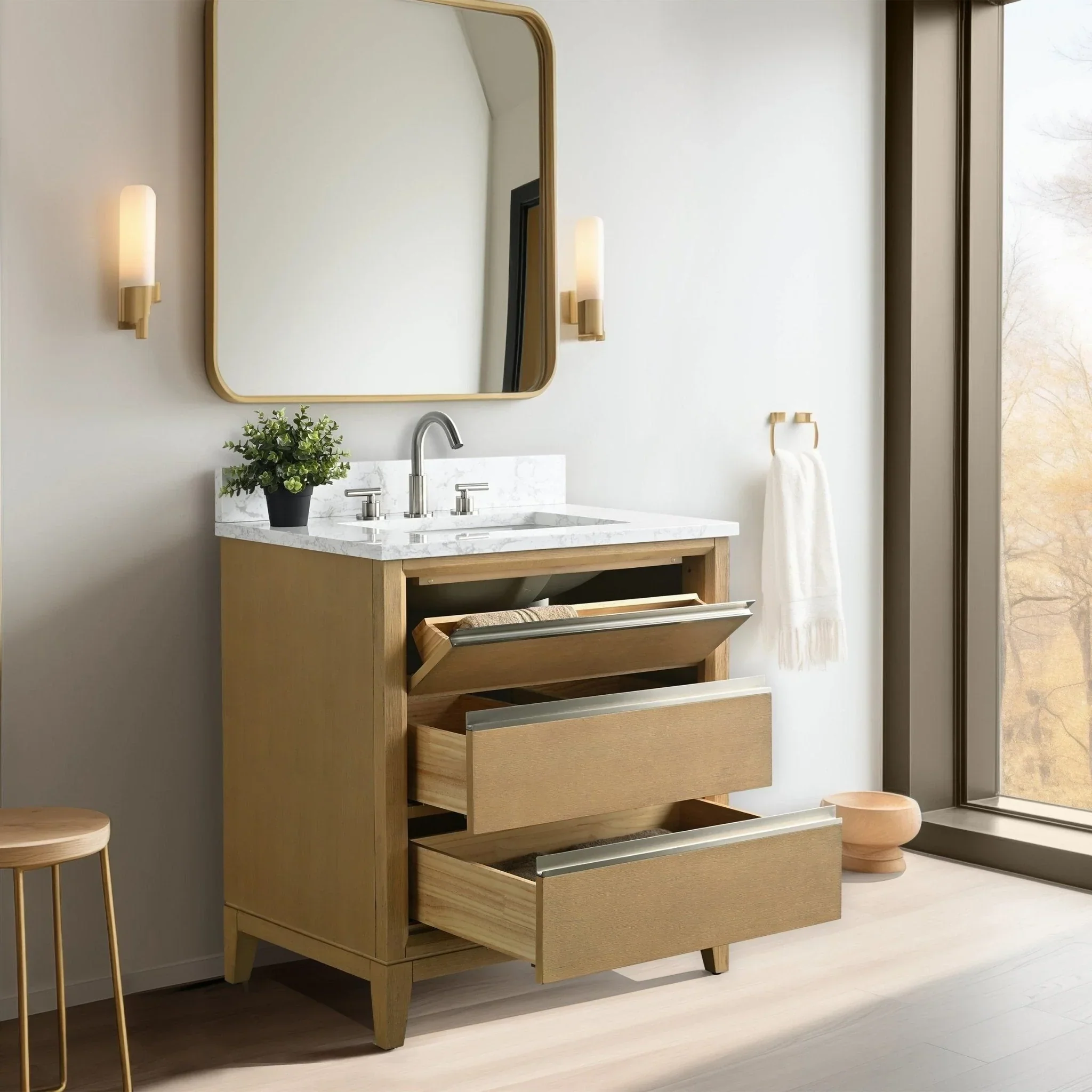 Vanity Art Bathroom Vanity with Ceramic Sink and Engineered Marble Top