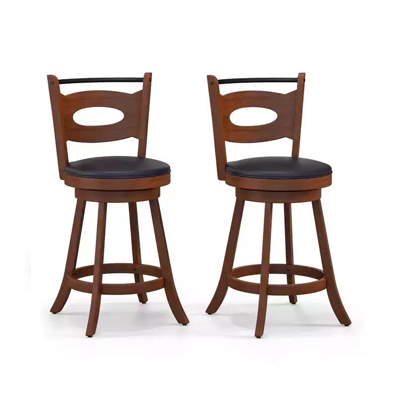 Costway Set of 2 Bar Stools 360 Swivel Dining Chairs Solid Rubber Wood Leather Padded Seat Counter Height