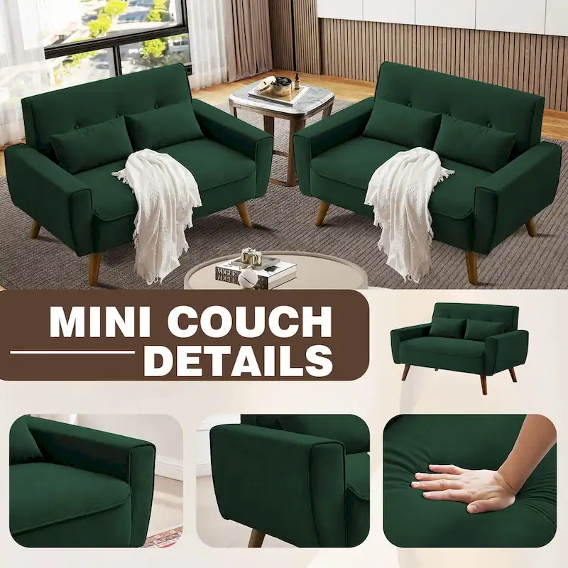 48.82 Small Tufted Loveseat Sofa 2 Set with Tapered Wood Legs