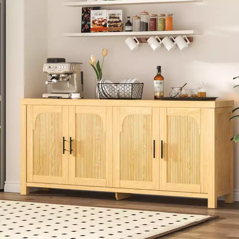 71 Sideboard Buffet Cabinet, Farmhouse Entryway Coffee Bar Cabinet with 4 Doors, Wooden Media Console Table, Accent Credenza for Living Room Kitchen
