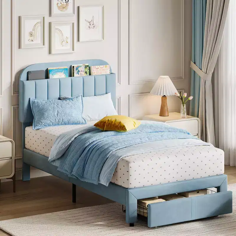 Twin Bed Frame with Drawer, Velvet Upholstered Platform Bed Frame with Storage Headboard, No Box Spring Needed, Easy Assembly