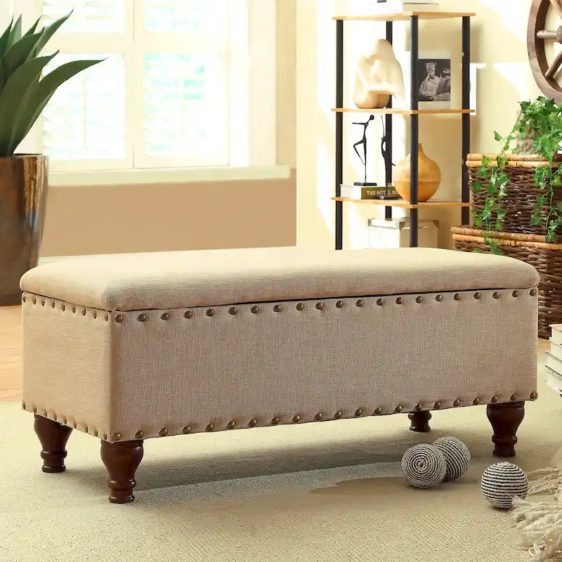 Upholstered Storage Bench with Bronze Nailhead Trim, Hinged Lid & Wood Legs – Multiple Colors