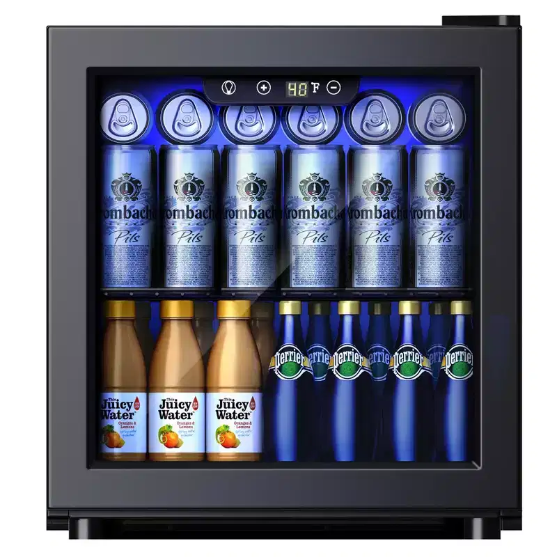 Simzlife 1.3 Cu.Ft/55 Cans Mini Beverage Refrigerator, Reversible Glass Door, Adjustable Shelves, Digital Control, Blue LED, Black