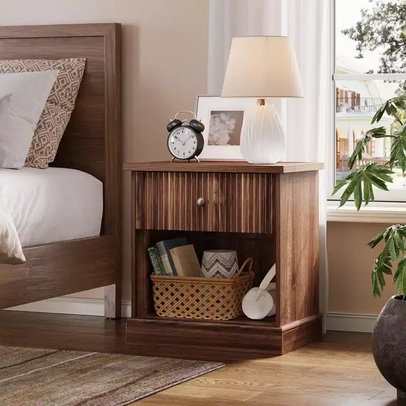 Dresser, Nightstand  Fluted 1-Drawer Bedside Table, Farmhouse End Cabinet with Storage for Bedroom, Living Room