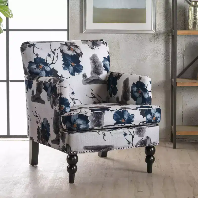 Contemporary Fabric Upholstered Accent Club Chair with Nailhead Trim, Floral Print