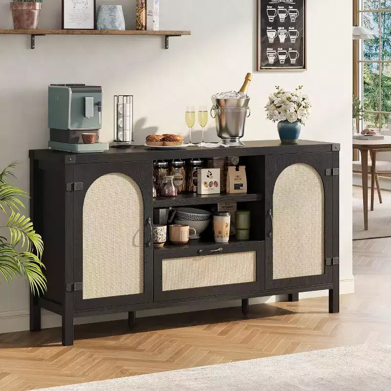 Buffet Cabinet, 59 Inch Rattan Storage Sideboard with Adjustable Shelves & Drawer, Black Boho Farmhouse