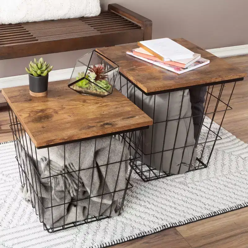 End Table with Storage  Set of 2 Nesting Tables  Square Wire Basket Base and Wood Tops  Industrial Farmhouse Style Side Table by Lavish Home