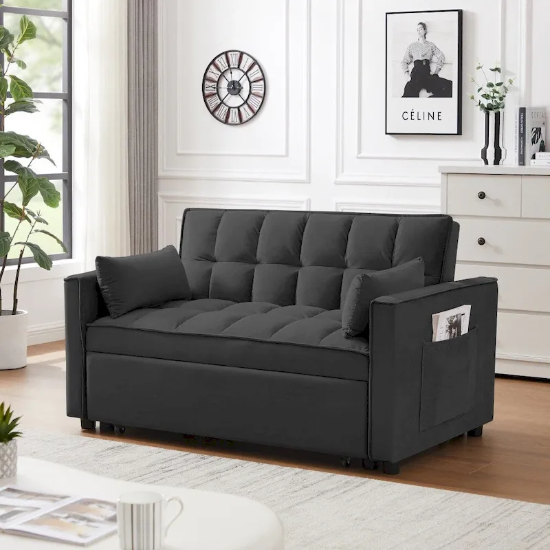 3 in 1 Convertible Velvet Sofa Couch w/Pullout Bed and Reclining Backres