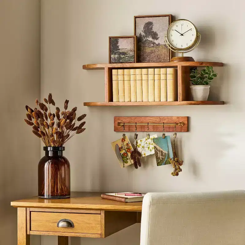 Brass and Wood Wall Rail with 6 Clips, Acacia Frame, Wall Mountable Organizer