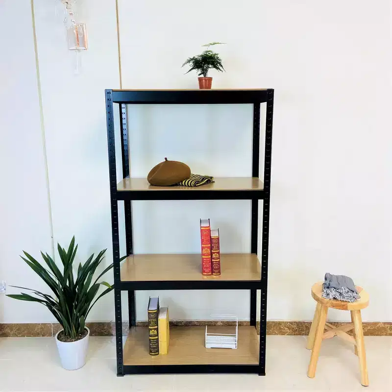 Black Adjustable 4-Tier Shelf Heavy-Duty Metal and Wood Storage Shelf Unit Garage Utility Rack with Boltless Assembly for Books, Kitchenware