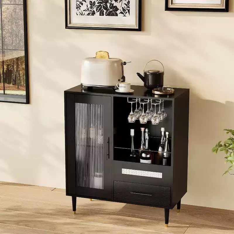 Black / Green Modern Coffee Bar Cabinet with Wine Rack & Drawer, for 1–2 Users