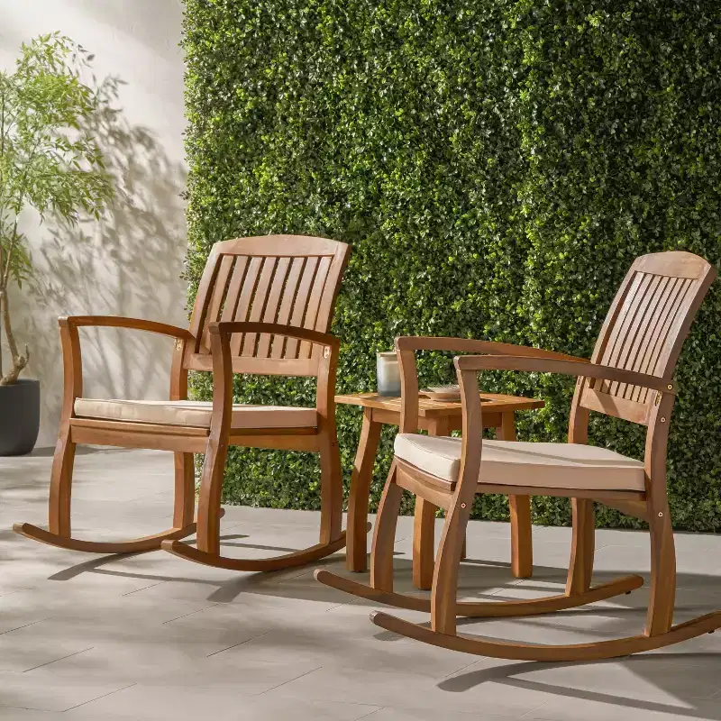 GDFStudio Amber Outdoor Acacia Wood 3 Piece Rocking Chair Chat Set with Cushions, Teak/Cream