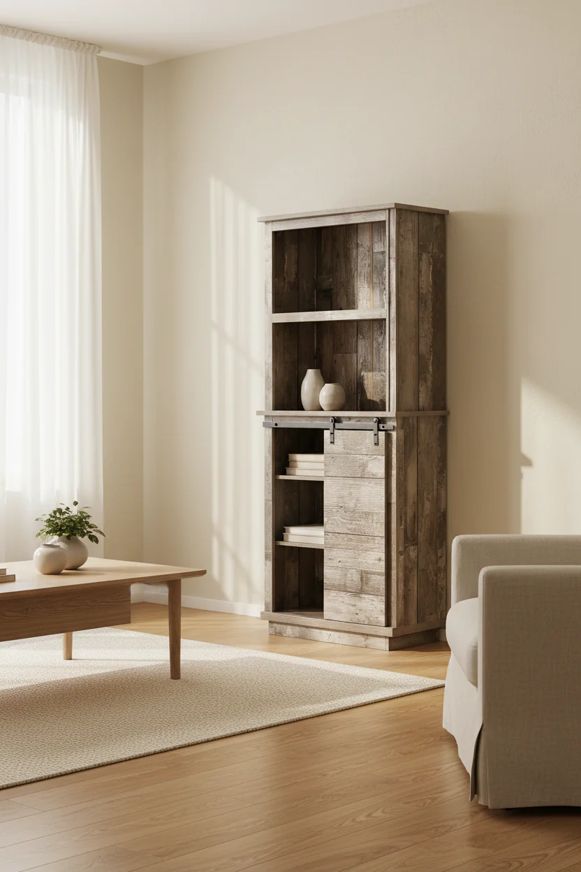 Freestanding Rustic Kitchen Buffet with Hutch, Pantry Storage Cabinet with Sliding Barn Door, Adjustable Shelf, Vintage Wood