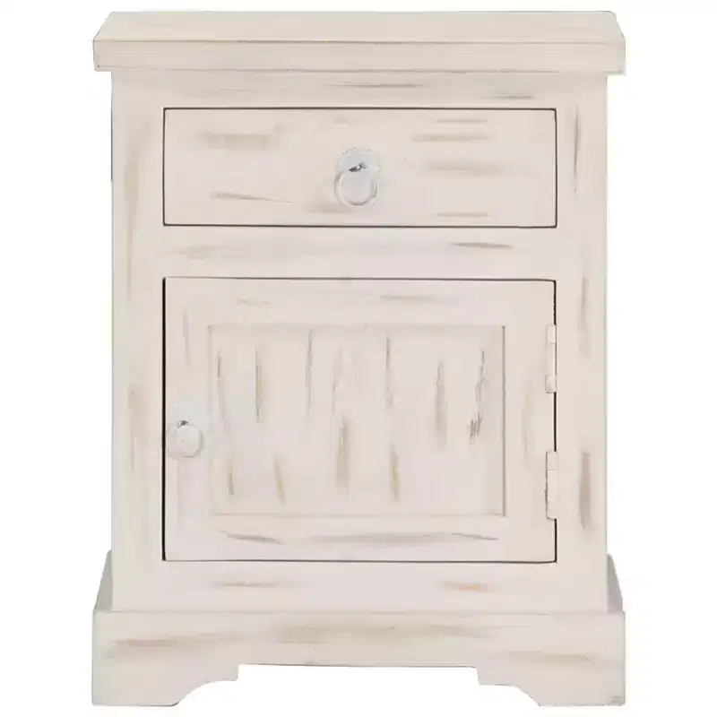 Vintage Solid Mango Wood Bedside Cabinet with Drawer & Cupboard – White