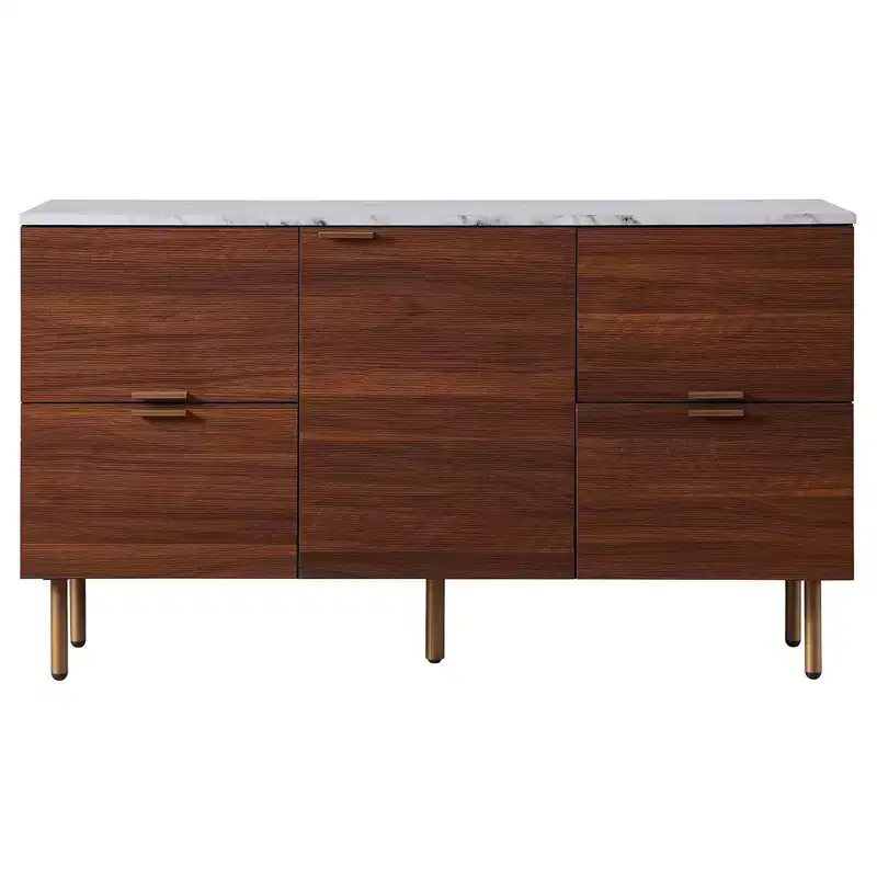 Ashton Sideboard with Faux Marble Top Walnut - Teamson Home: Mid-Century Storage, Brass Legs, Metal Handles