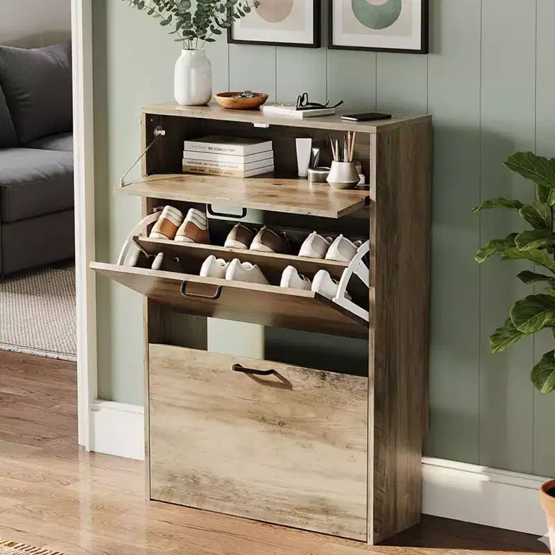 Hidden Shoe Cabinet With 3 Flip Drop-Down Door White & Oak
