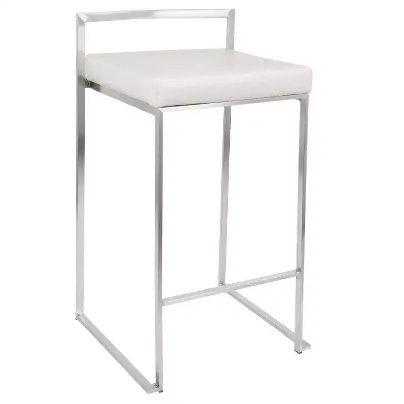 LumiSource Set of 3 Fuji Stacker Counter Height Barstools Stainless Steel/White PU