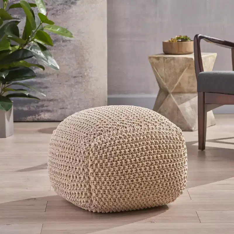 Knitted Pouf, Square, Hand-Stitched 100% Cotton, Natural