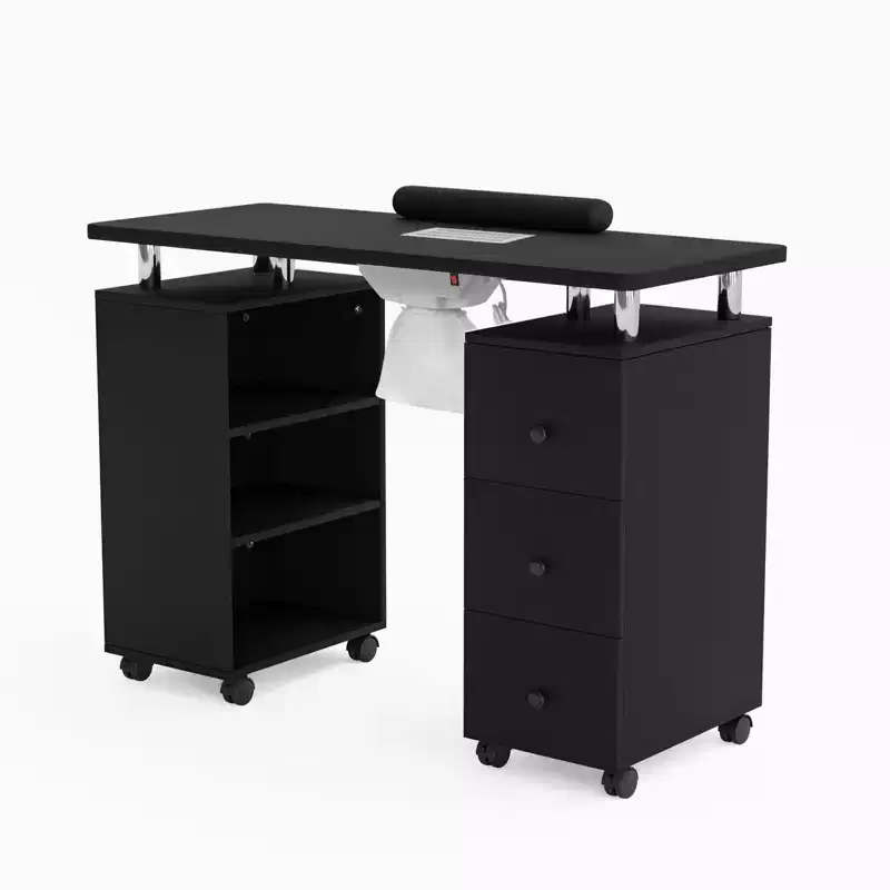 Karlhome 42.5 in. White MDF 3-Drawer Manicure Table Nail Desk with Open Side Cabinet, Doors, Electric Dust Collector