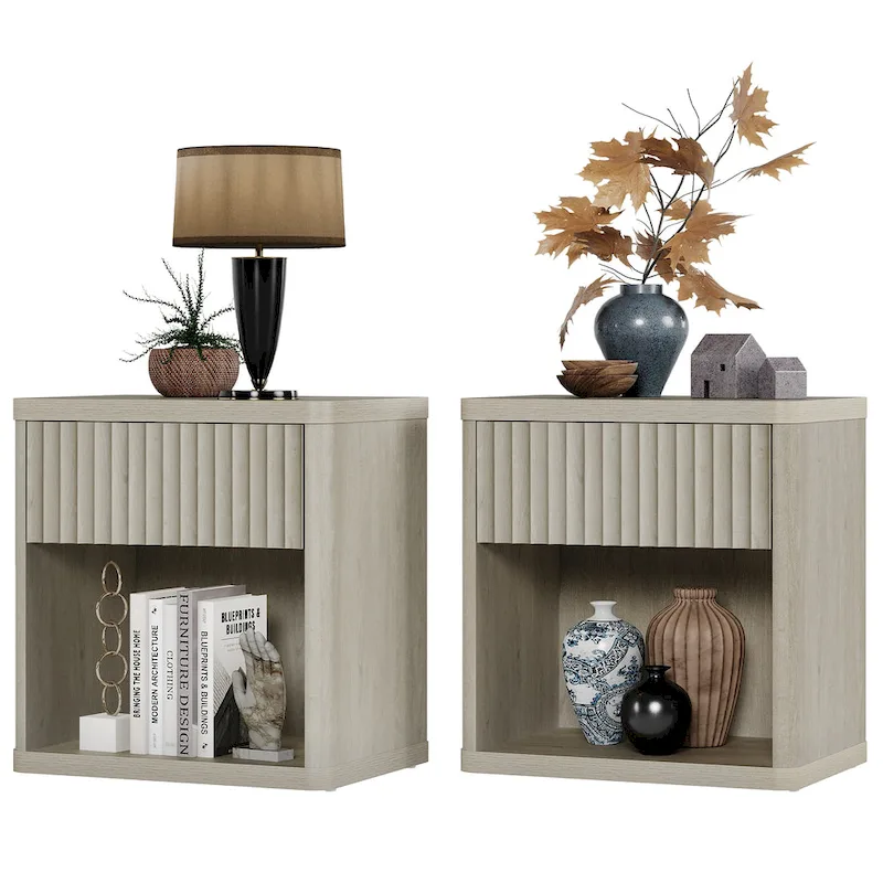 Set of 2 Modern Farmhouse Nightstands with Fluted Drawer & Open Shelf, 22.7