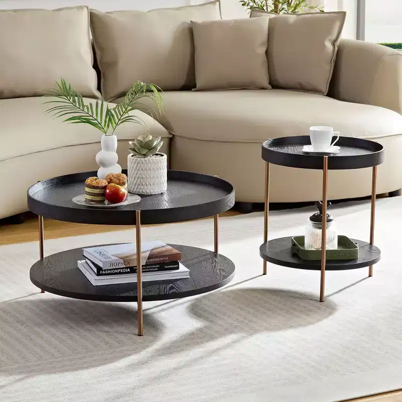 Okak 2 tier Round Nesting Coffee Table Set of 2, Modern End Side Tables for Living Room/Office, Space-Saving Balcony Yard
