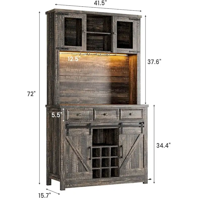 Modern Farmhouse Coffee Bar Cabinet with LED Lights & Power Outlets, Kitchen Cabinet