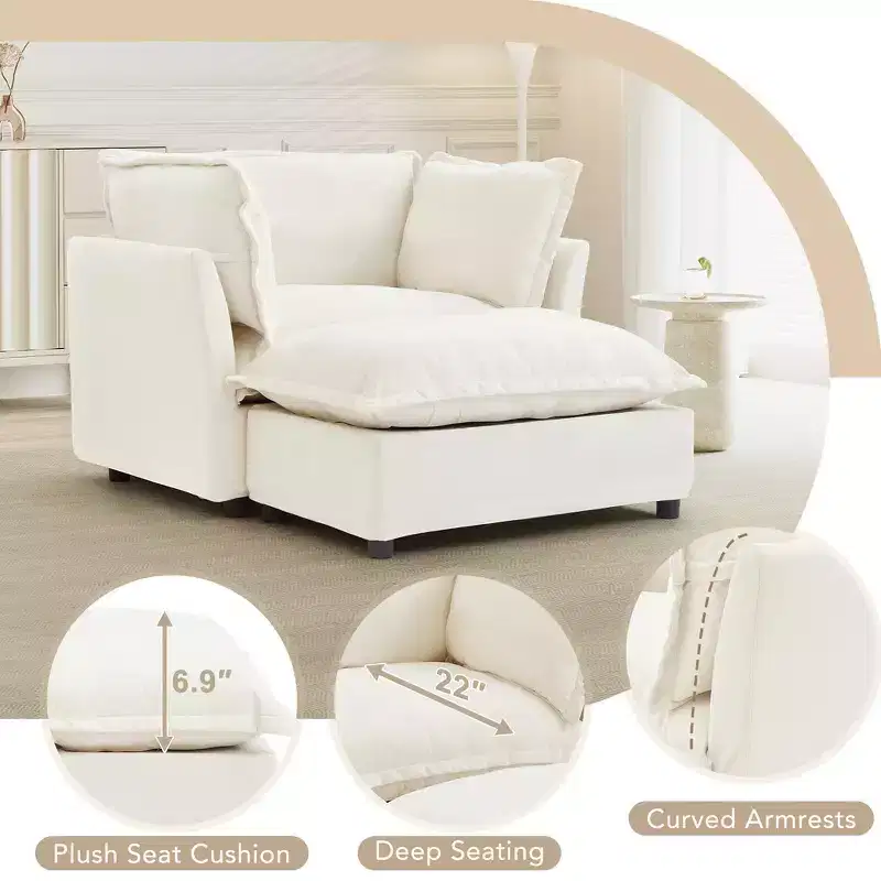Chenille Armchair with Movable Ottoman, Wide Seat & Curved Armrests